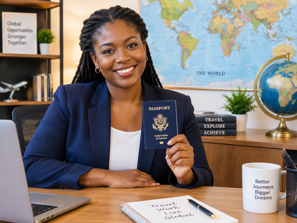 A smiling consultant at her desk holding a passport, with a world map and globe behind her