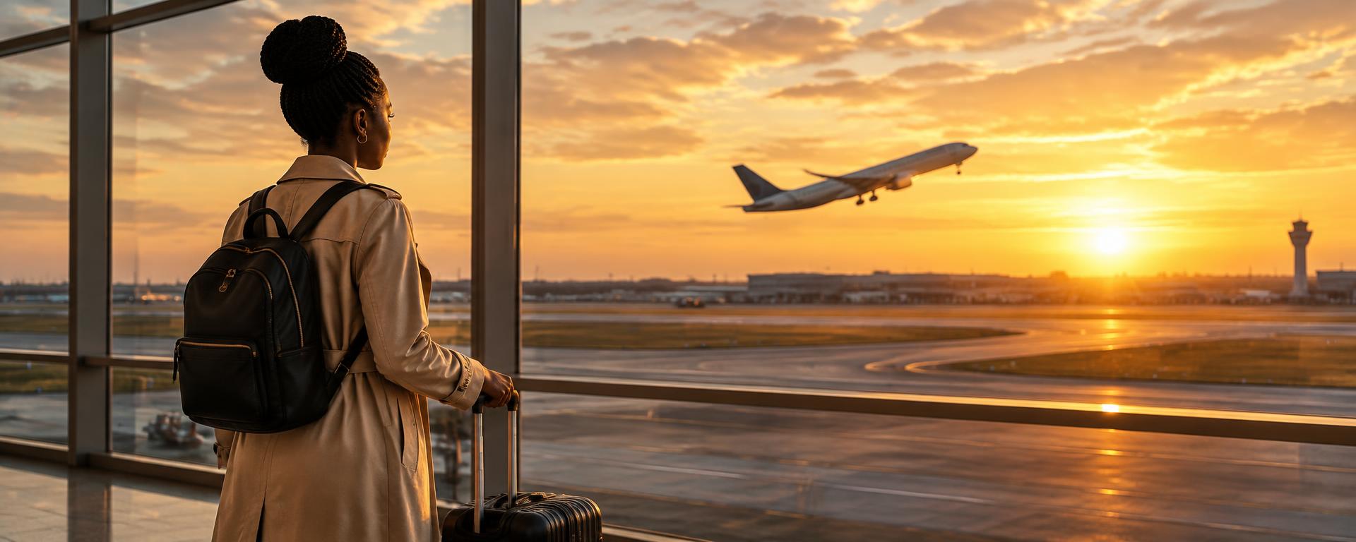 A traveller with a backpack and suitcase watching a plane take off at sunset from an airport window